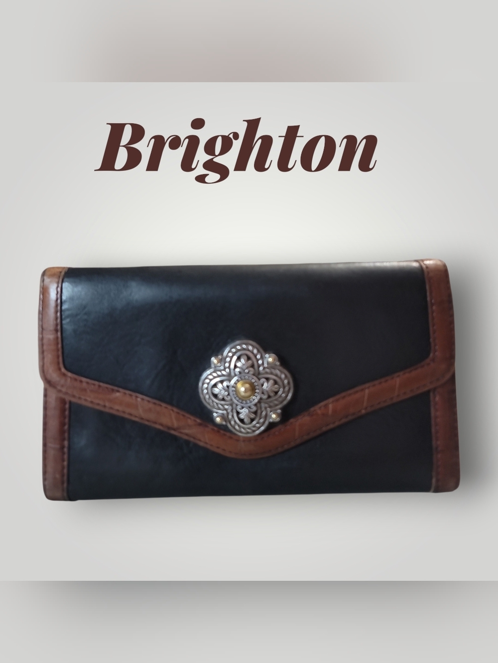 Brighton Vintage Black and Brown Leather Wallet with Decorative Concho